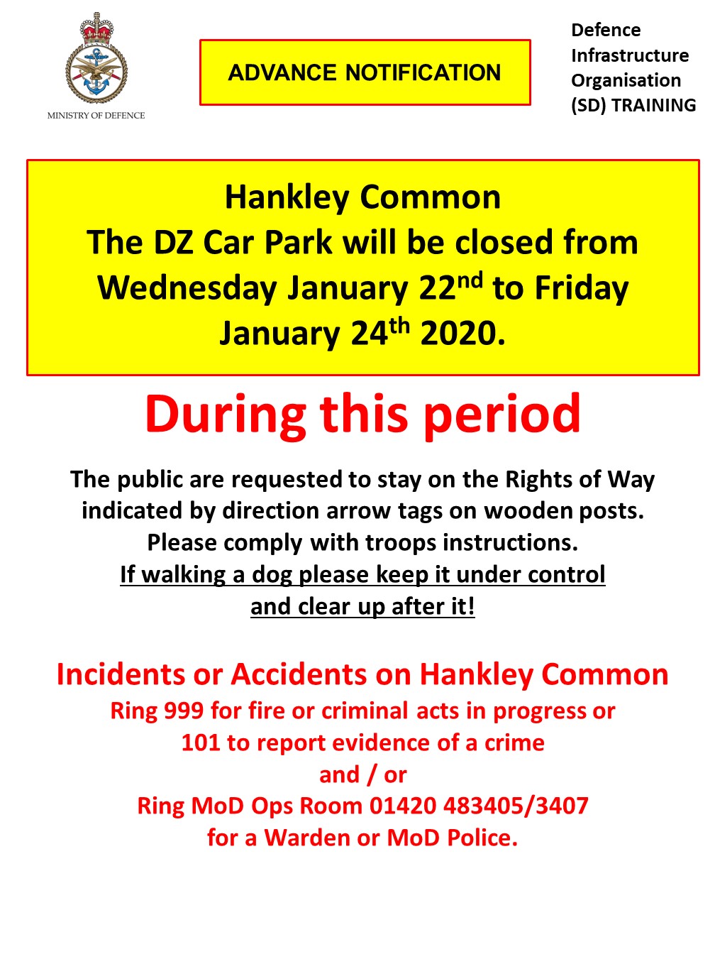 Read more about the article Hankley Common DZ Car Park closed Wednesday 22nd to Friday 24th January 2020