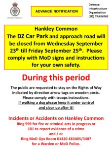 Read more about the article Hankley Common DZ Car Park closed Wednesday 23rd – Friday 25th September