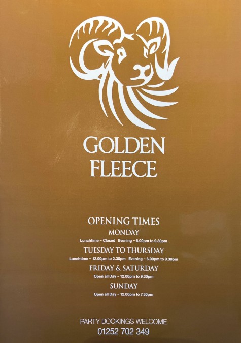 Front cover of Golden Fleece Menu showing opening times