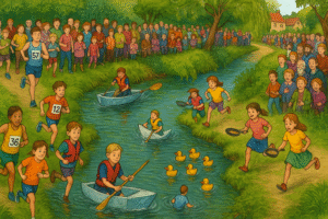 A stream with duck race, runners, boaters and pancake flippers alongside